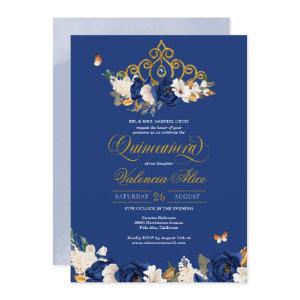 Royal Blue Gold Roses Tiara Butterfly Quinceañera