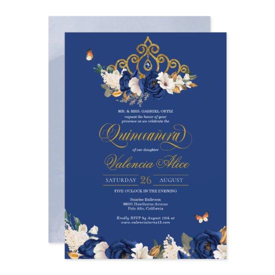 Royal Blue Gold Roses Tiara Butterfly Quinceañera