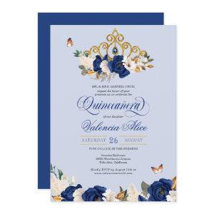 Royal Blue Gold Roses Tiara Butterfly Quinceañera