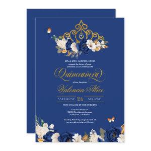 Royal Blue Gold Roses Tiara Butterfly Quinceañera