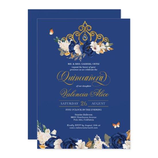 Royal Blue Gold Roses Tiara Butterfly Quinceañera