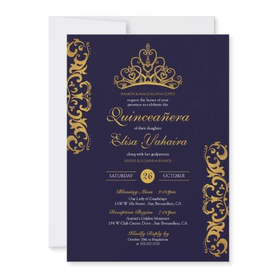 Royal Blue & Gold Tiara Crown Elegant Quinceañera
