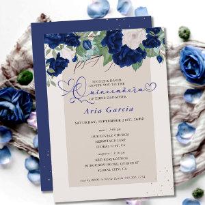 Royal Blue Ivory Floral Roses Quinceanera and Mass