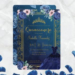 Royal Blue Navy Roses Glitter Dress Quinceanera