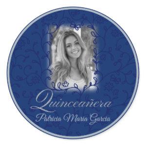 Royal blue photo quinceañera floral vines classic  classic round sticker