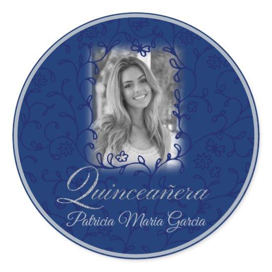 Royal blue photo quinceañera floral vines classic  classic round sticker