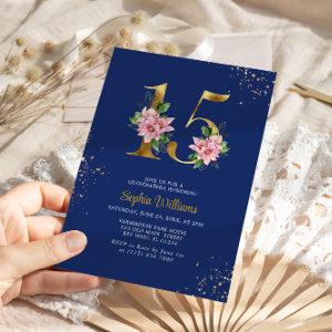 Royal Blue & Pink Magnolia Floral Quinceanera