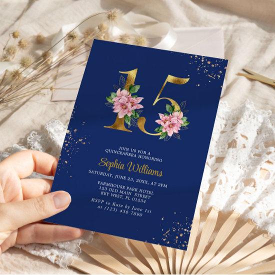 Royal Blue & Pink Magnolia Floral Quinceanera