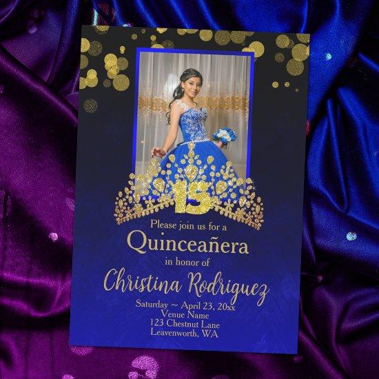 Royal Blue Princess Dress Quinceanera Gold Tiara