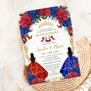Royal Blue Red Floral Girls Twins Quinceañera 15