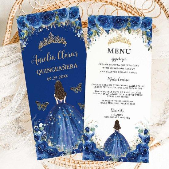 Royal Blue Rose Floral Girl Dress Quinceañera Menu