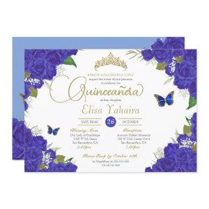 Royal Blue Rose Floral Tiara Butterfly Quinceanera