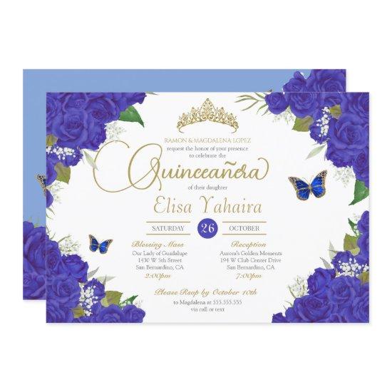 Royal Blue Rose Floral Tiara Butterfly Quinceanera