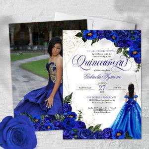 Royal Blue Rose & Gold Elegant Photo Quinceañera