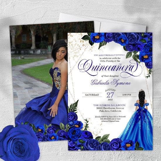 Royal Blue Rose & Gold Elegant Photo Quinceañera