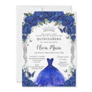 Royal Blue Roses Floral Dress Quinceañera Silver