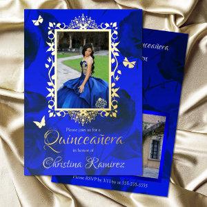 Royal Blue Roses, Gold Butterfly Frame Quinceanera Foil