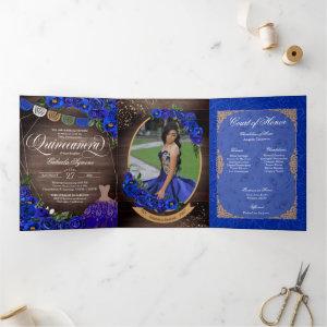 Royal Blue Roses Gold Charro Photo Quinceañera Tri-Fold