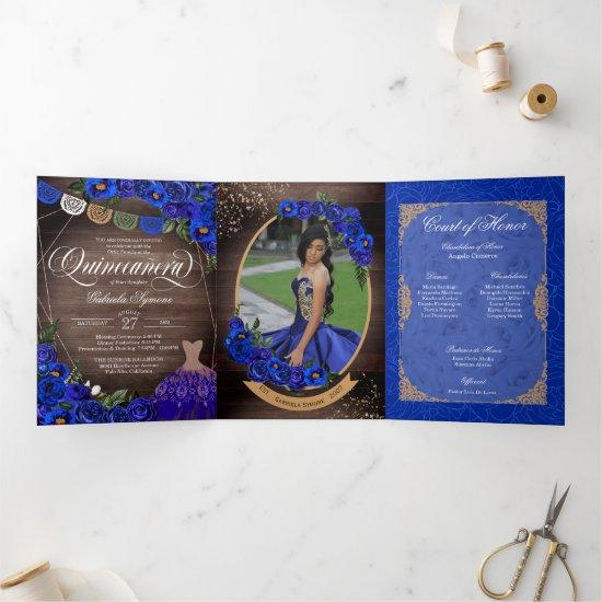 Royal Blue Roses Gold Charro Photo Quinceañera Tri-Fold