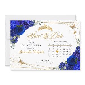 Royal Blue Roses & Gold Quinceañera Save The Date