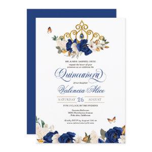 Royal Blue Roses Gold Tiara Butterfly Quinceañera