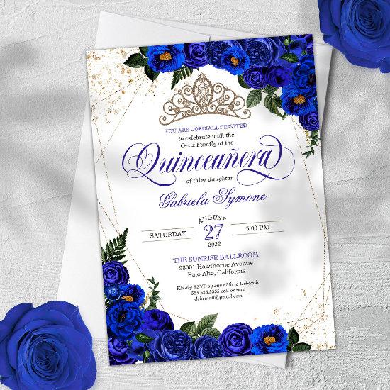 Royal Blue Roses & Gold Tiara Elegant Quinceañera