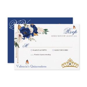 Royal Blue Roses Gold Tiara Quinceanera RSVP Card