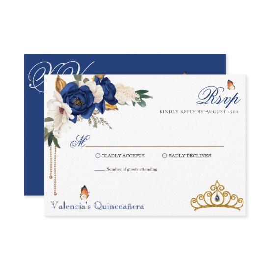 Royal Blue Roses Gold Tiara Quinceanera RSVP Card
