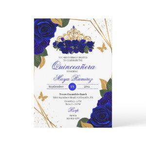 Royal Blue Roses Tiara Gold Glitter Quinceañera