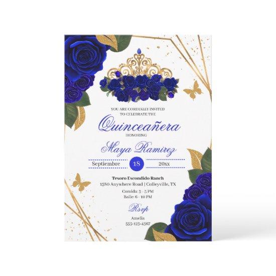 Royal Blue Roses Tiara Gold Glitter Quinceañera