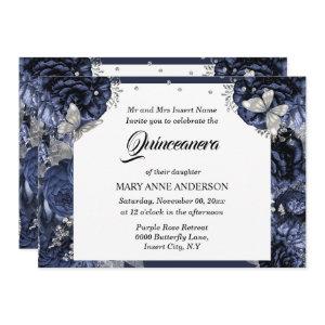 Royal blue silver butterfly chic rose quinceanera