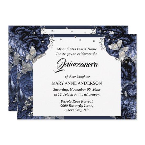 Royal blue silver butterfly chic rose quinceanera