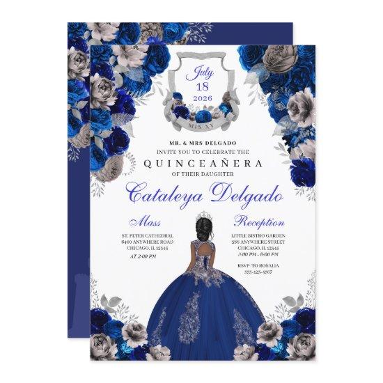 Royal Blue & Silver Floral Elegant Quinceañera