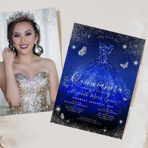Royal Blue Silver Glitter Gown Photo Quinceanera