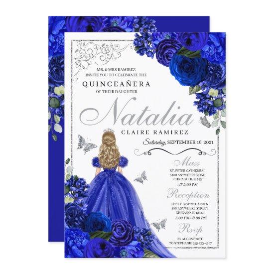 Royal Blue Silver Princess Butterflies Quinceañera