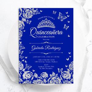 Royal Blue Silver Roses Butterflies Quinceanera