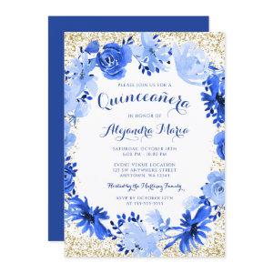 Royal Blue Watercolor Floral Gold Quinceanera