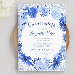 Royal Blue Watercolor Floral Quinceanera