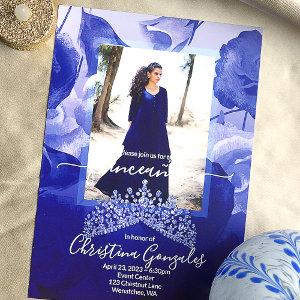 Royal Blue, White Roses, Topaz Tiara Quinceanera