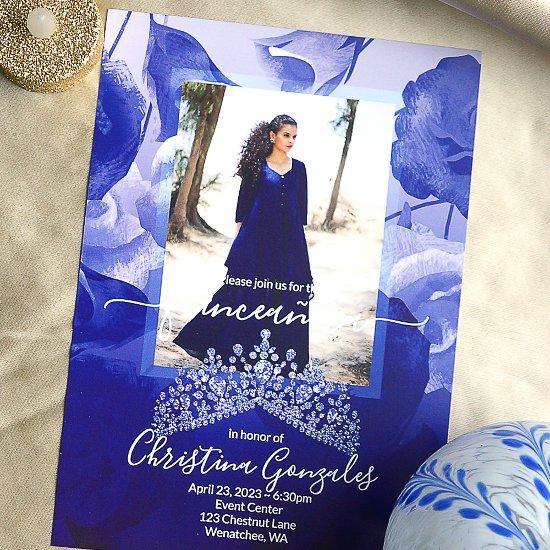 Royal Blue, White Roses, Topaz Tiara Quinceanera