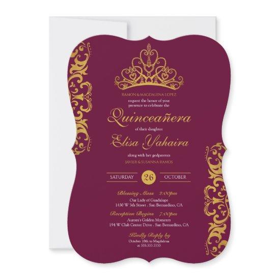 Royal Burgundy Plum Gold Elegant Crown Quinceañera