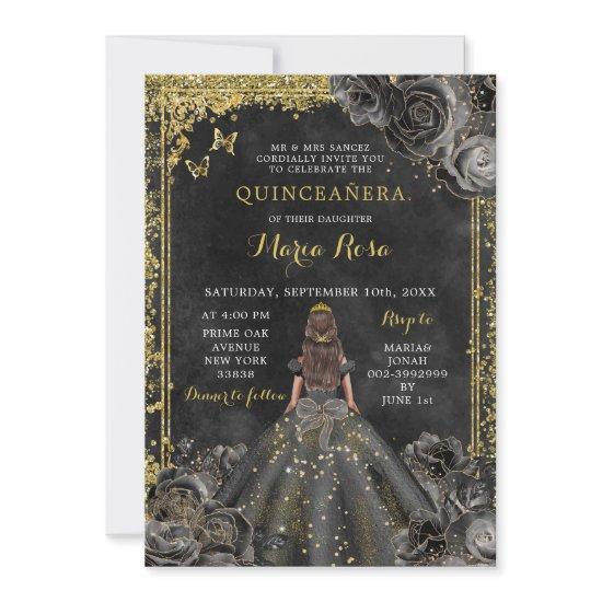 Royal Elegant Gold and Black Rose Quinceañera