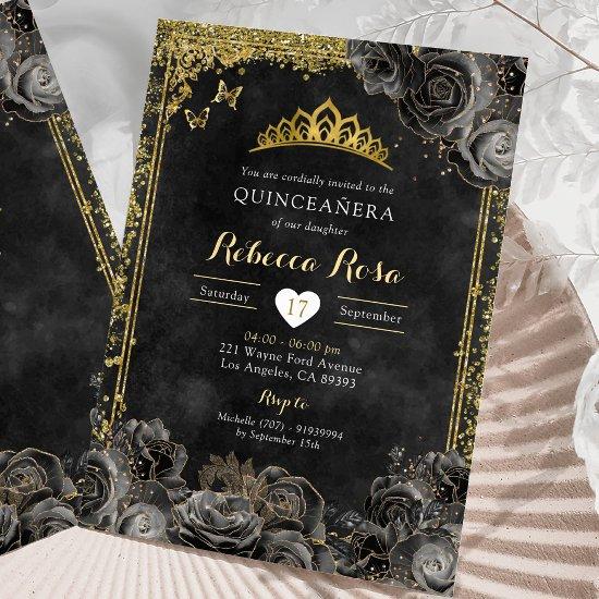 Royal Elegant Gold and Black Rose Quinceañera