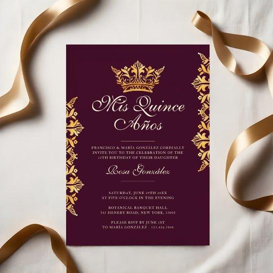 Royal Gold Leaf Crown Elegant Burgundy Quinceañera