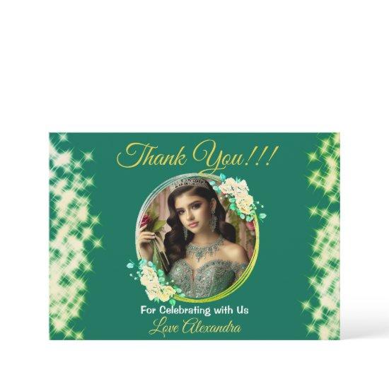 Royal Green Photo Boho Quinceañera Spanish Favor Thank You Card