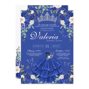 Royal Navy Blue Rose Butterfly Silver Quinceanera