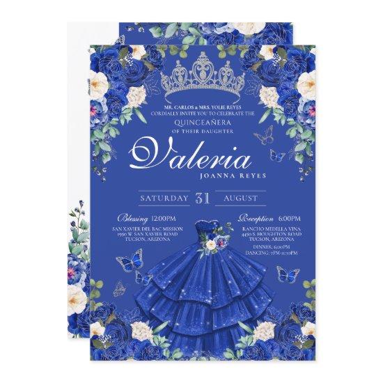 Royal Navy Blue Rose Butterfly Silver Quinceanera
