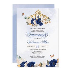 Royal Navy Blue Roses Gold Tiara Butterfly Quince