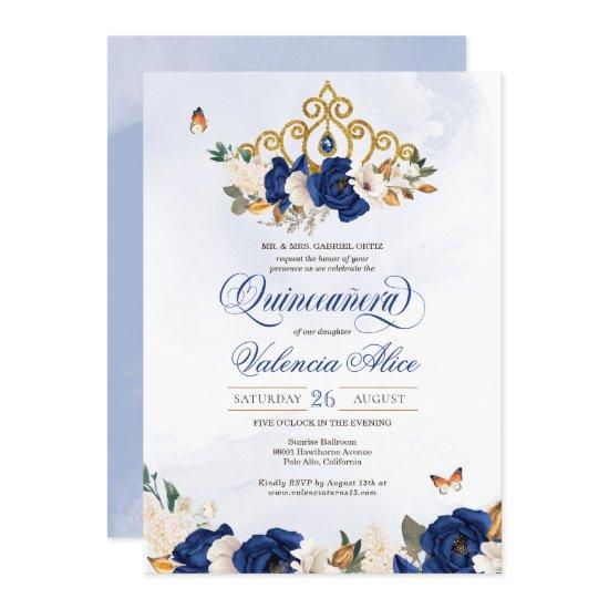 Royal Navy Blue Roses Gold Tiara Butterfly Quince