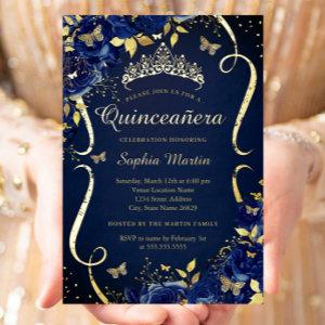Royal Navy Gold Floral Butterfly Tiara Quinceanera Foil